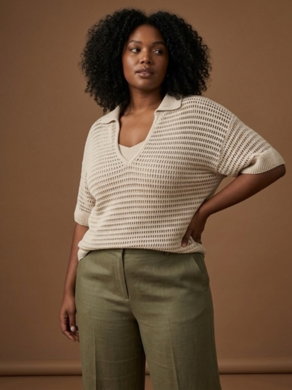 Max Studio - Knit Top - Beige Open-Weave V-Neck - Size Large